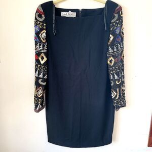 Vintage AJ Bari Size 4 Black Sheath Dress Sequin Beaded Sleeves Cocktail square